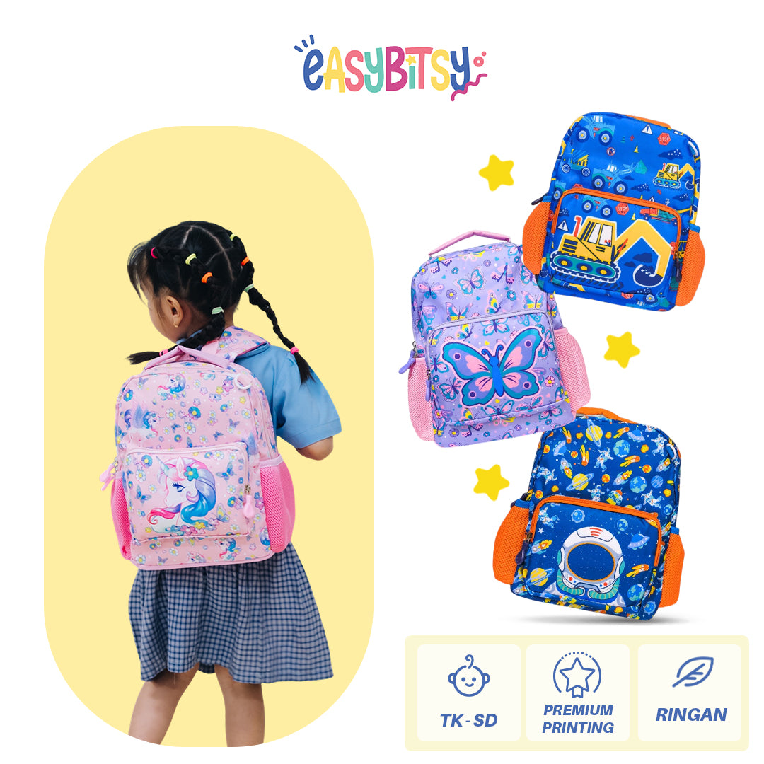 Easy Bitsy Tas Ransel Backpack Anak Laki-Laki Perempuan TK-SD Astronot, Transportasi, Dino, Cat, Butterfly, Unicorn - Kai Tidak ada merek