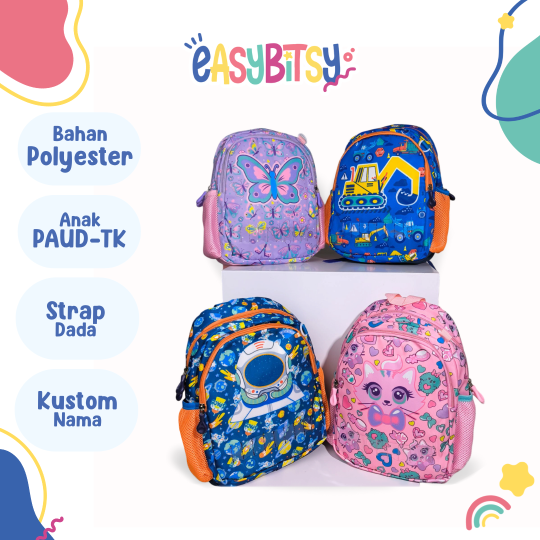 Easy Bitsy Tas Ransel Backpack Anak Laki-Laki Perempuan TK-SD Astronot, Transportasi, Dino Cat, Butterfly, Unicorn - Ola Tidak ada merek