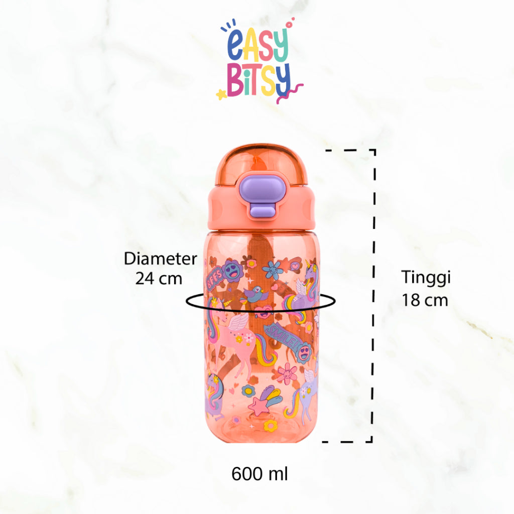 Easybitsy Botol Minum Water Bottle 600ML Anak Laki-laki Perempuan PAUD-SD Astronot, Dino, Mermaid, Unicorn - George Tidak ada merek